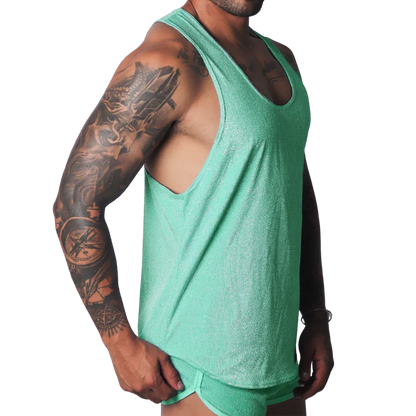 Flash green, metallic-finish racerback tank top with deep-cut armholes, worn by a muscular man.
