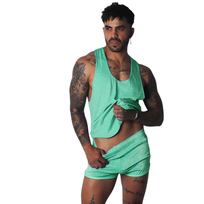 Neon green, glitter-finish tank top with a scoop neck and wide straps in a fitted, athletic style.