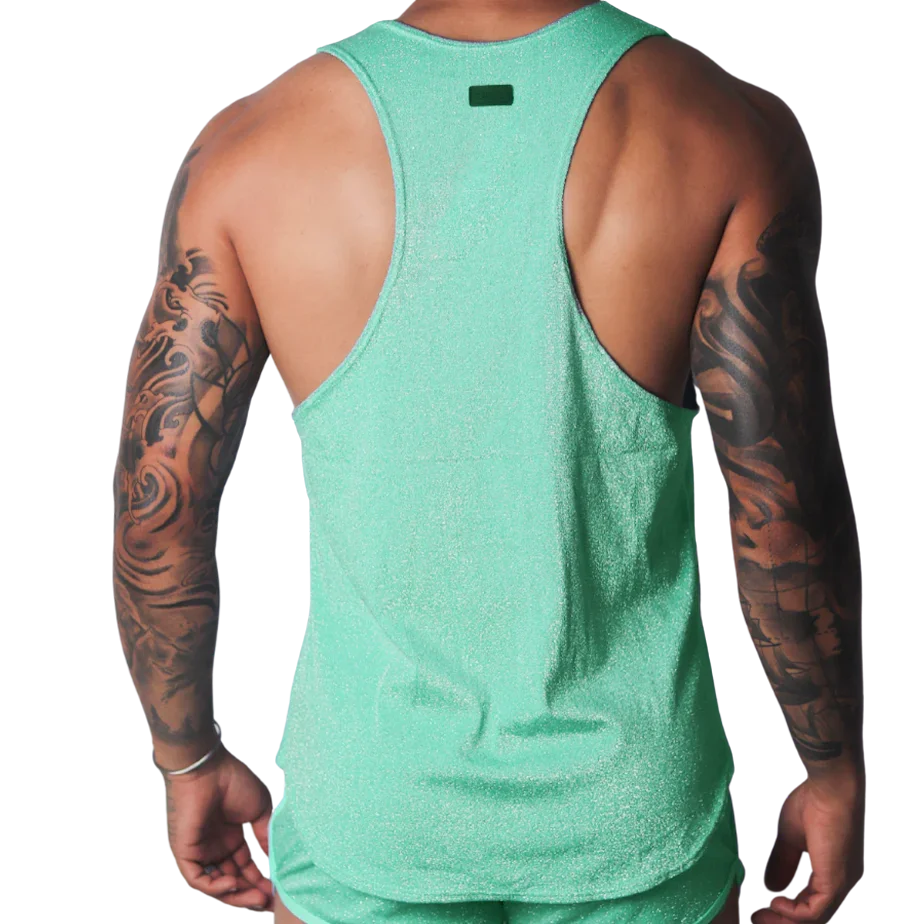 Shimmering mint green racerback tank top with a small rectangular logo patch on the upper back.
