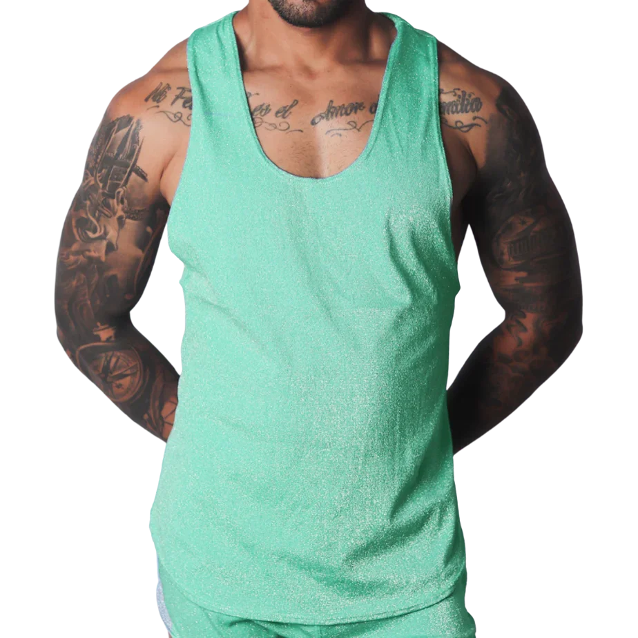 Flash green scoop neck tank top in a shimmering, textured material.