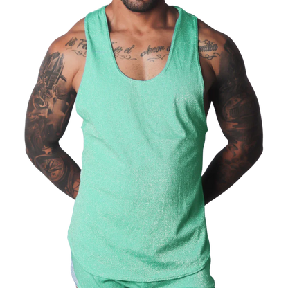 Flash green scoop neck tank top in a shimmering, textured material.