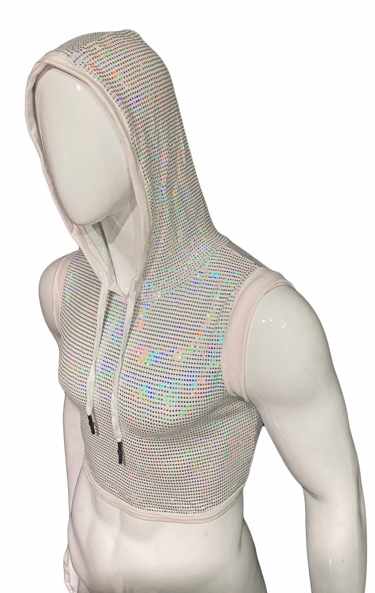 Flat sequin hooded crop top with iridescent sequins mesh texture and white drawstrings front view