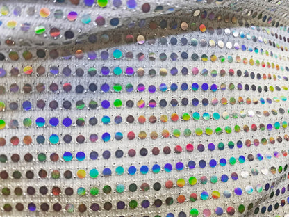 Flat sequin hooded crop top with shimmering silver fabric and iridescent multicolored sequins in a grid pattern
