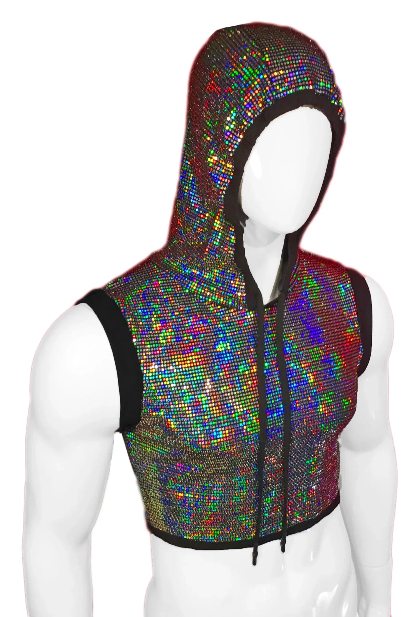 A flat sequin hooded crop top with a shimmering iridescent holographic finish and black trim