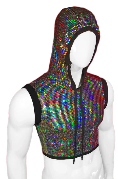 A flat sequin hooded crop top with a shimmering iridescent holographic finish and black trim