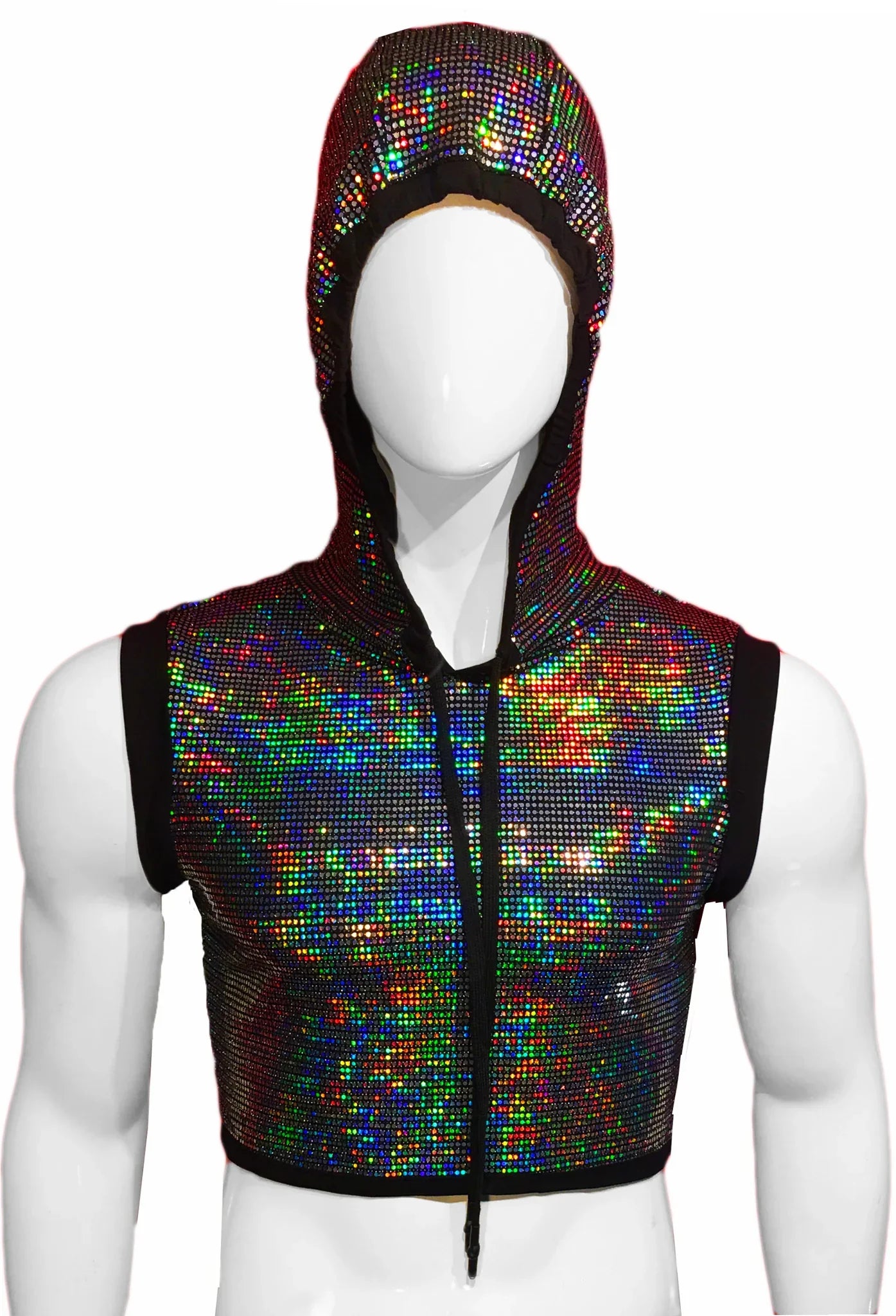 Flat sequin hooded crop top sleeveless iridescent sequin hoodie with front zipper and black trim