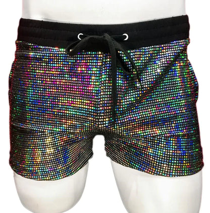 Flat sequin short iridescent rhinestone shorts with black elastic waistband and drawstring for stylish wear