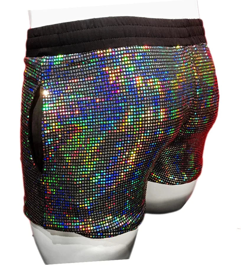 Shiny rainbow-hued flat sequin shorts with black elastic waistband made of sequined fabric for vibrant style