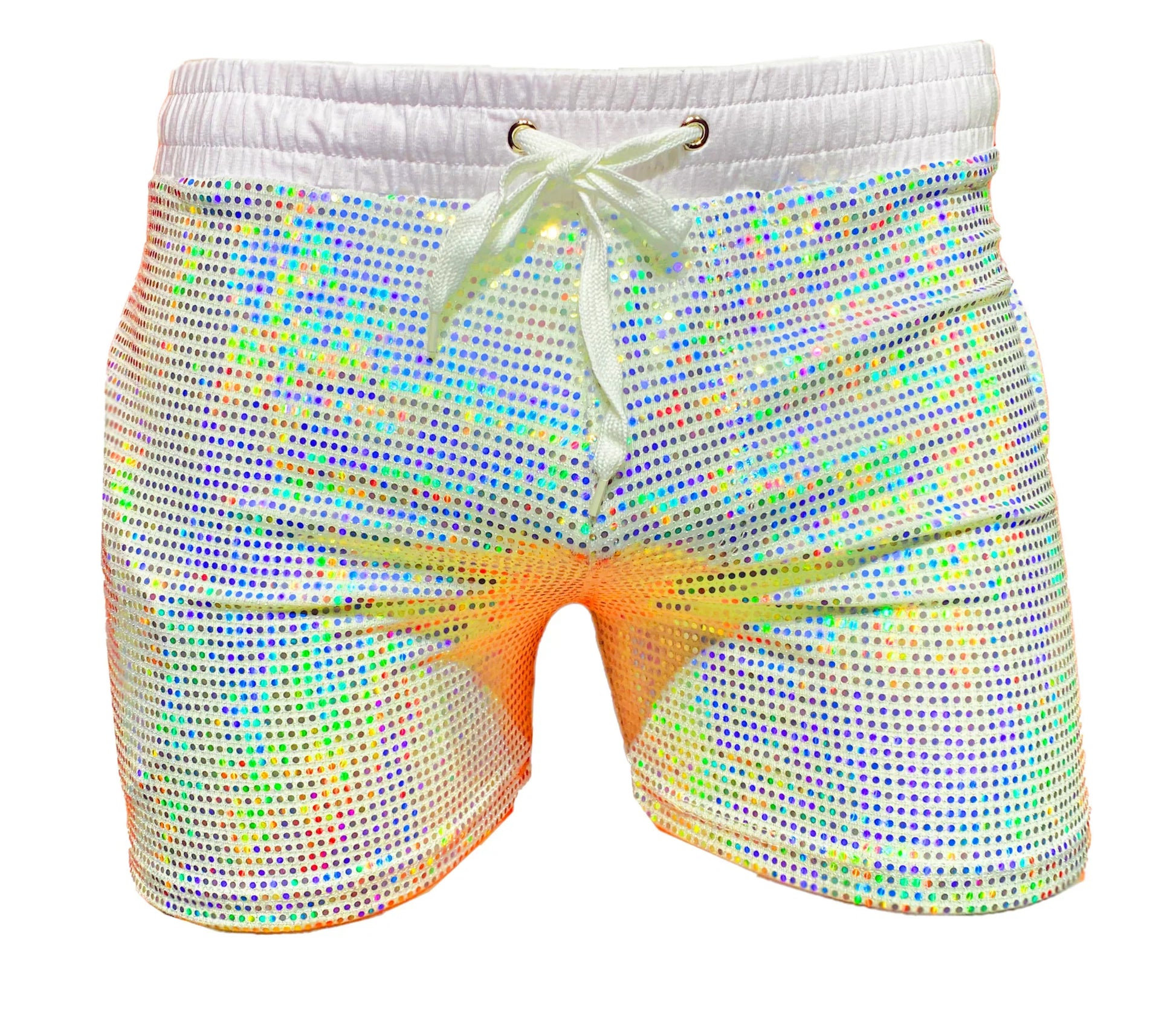 Iridescent sequined flat sequin short swim shorts with white elastic waistband and matching drawstring