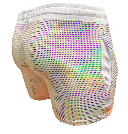 Flat sequin short iridescent sequined shorts with mesh base and elastic waistband for a stylish look