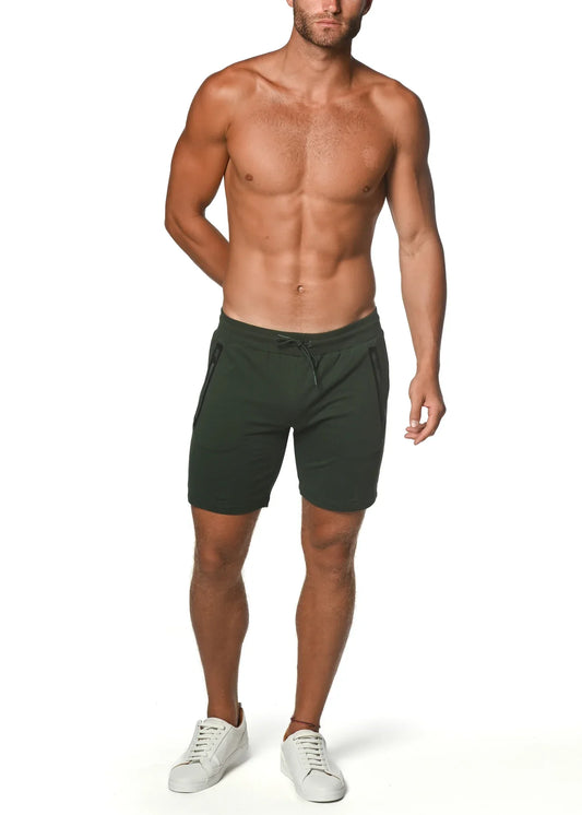 Dark green fleece flex-cotton stretch shorts with drawstring waistband and side pockets for athletic use