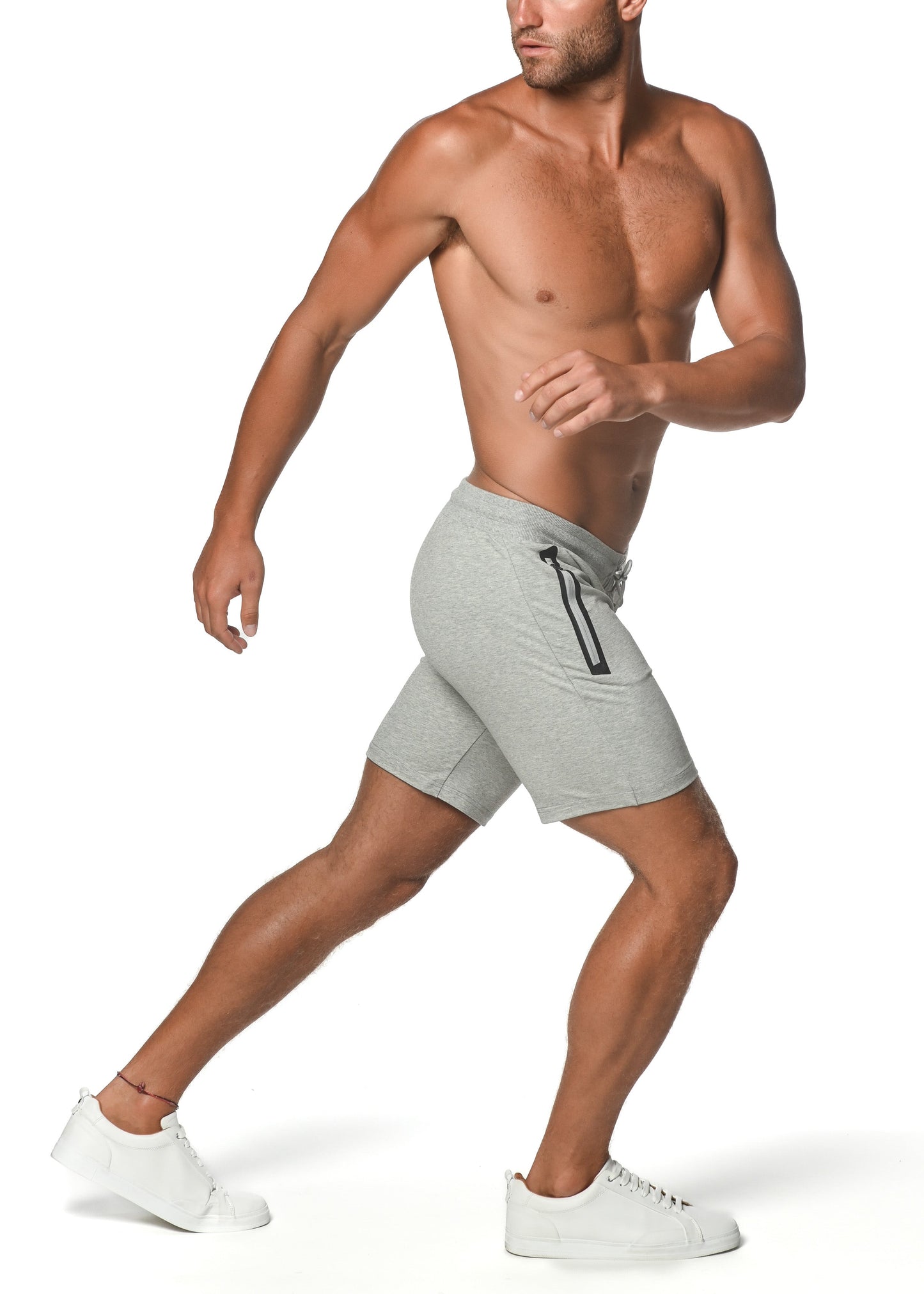 Gray fleece flex-cotton stretch athletic shorts with a black zipper pocket on the side for secure storage
