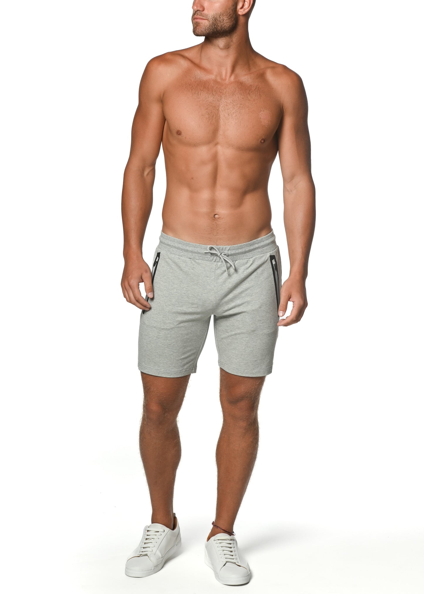 Gray fleece flex-cotton stretch shorts with black side zipper accents and drawstring waistband for athletic use