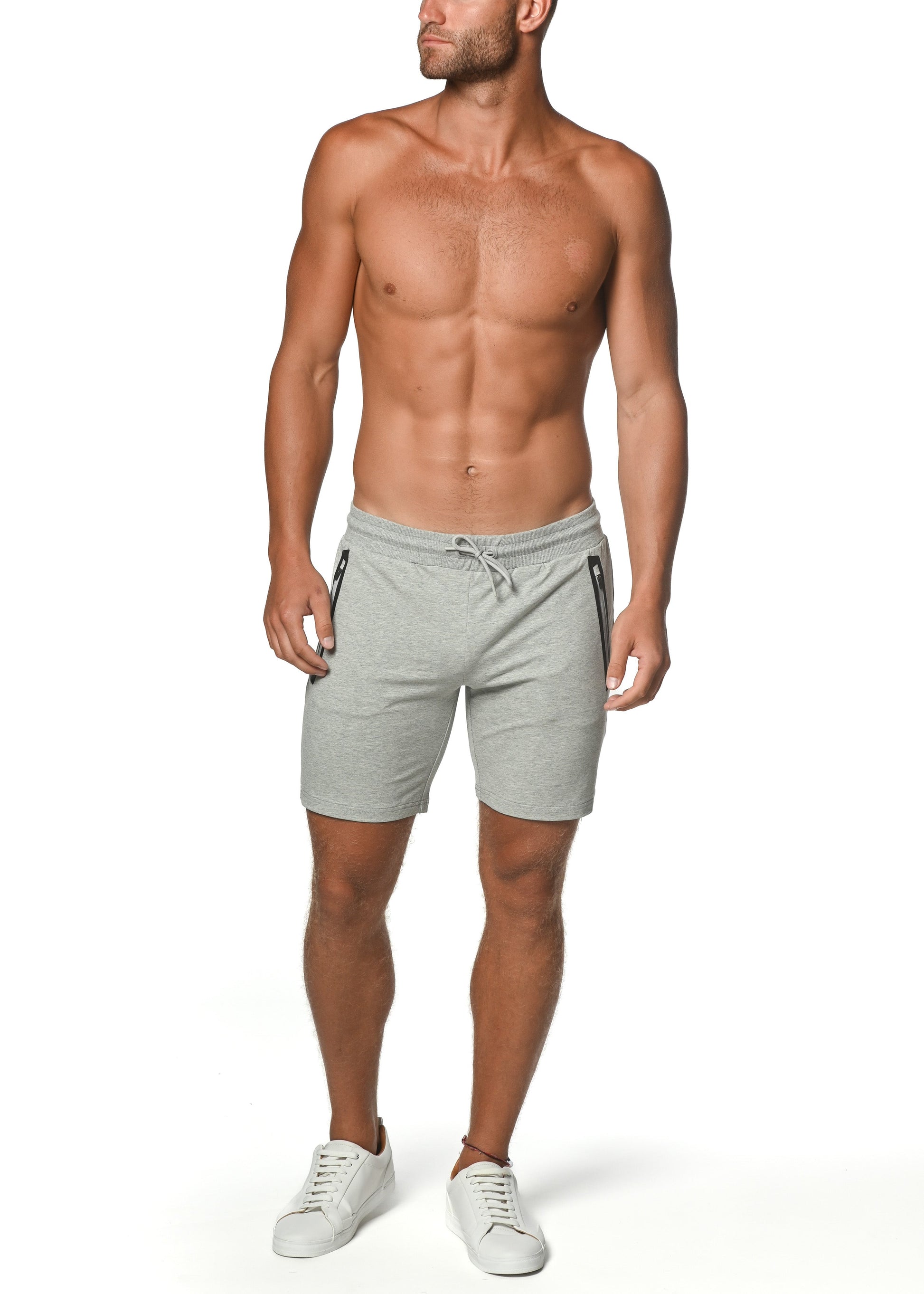 Gray fleece flex-cotton stretch shorts with black side zipper accents and drawstring waistband for athletic use