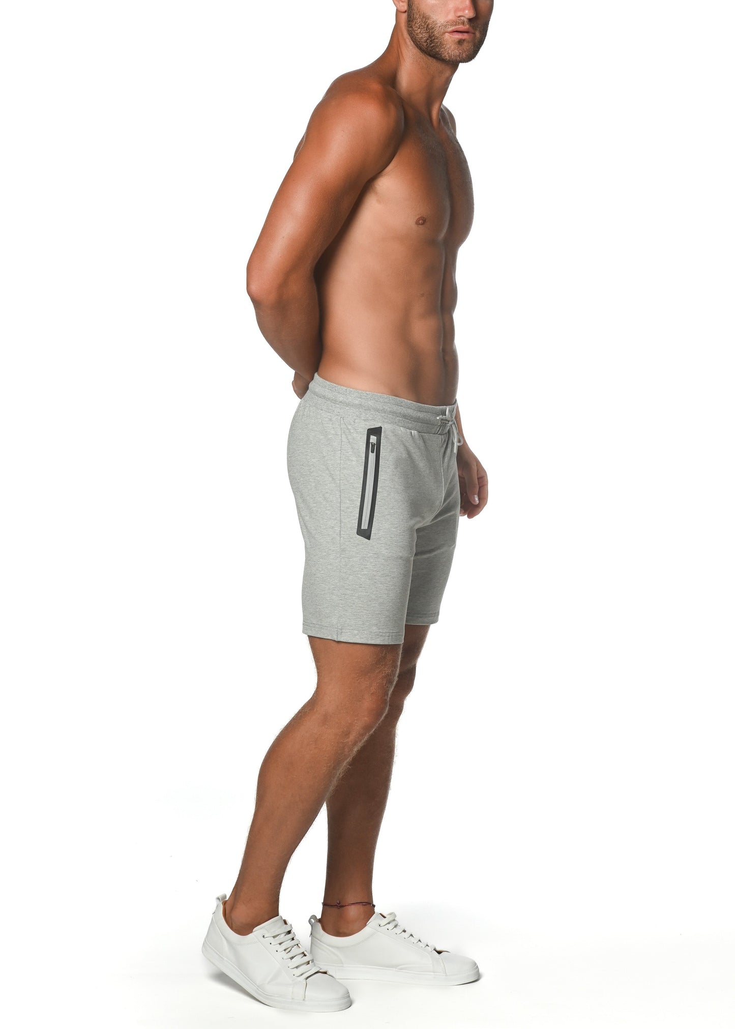 Gray fleece flex-cotton stretch shorts with a black side zipper pocket designed for athletic use