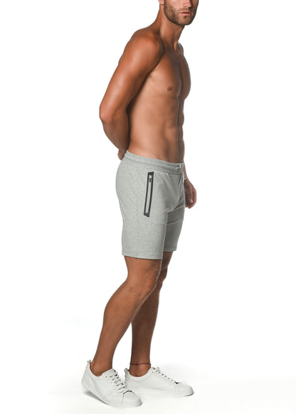 Gray fleece flex-cotton stretch shorts with a black side zipper pocket designed for athletic use