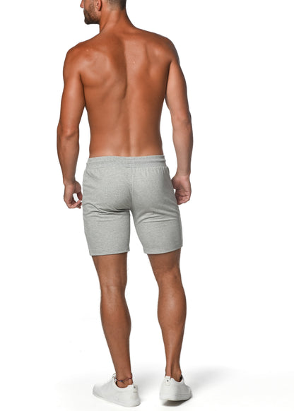 Gray heathered fleece flex-cotton stretch jogger shorts with elastic waistband and relaxed fit for casual wear