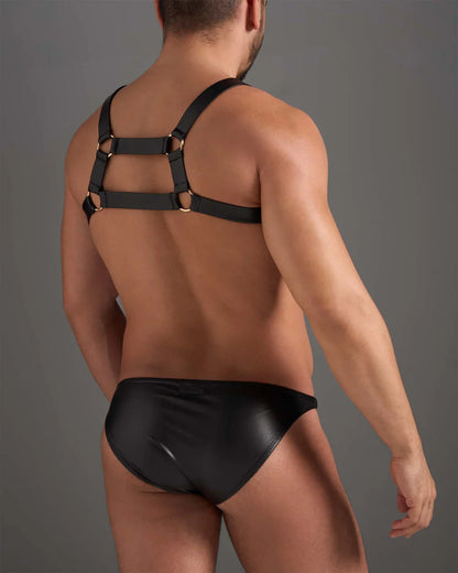 Black leather flex harness with gold-toned metal rings worn over matching black patent leather brief