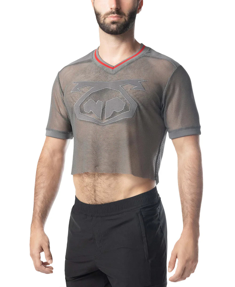 Flex jersey gray mesh crop top with red-trimmed v-neck and bold dark gray logo on the chest