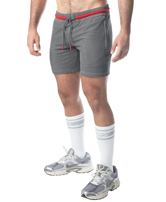 Flex rugby short gray mesh shorts with red elastic waistband and matching drawstring for athletic use