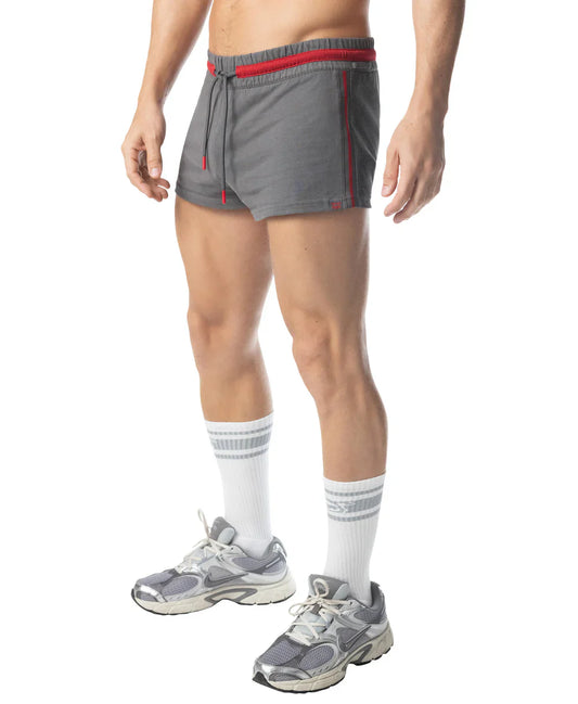 Flex trunk short gray athletic shorts with red trim and drawstring waistband for active wear
