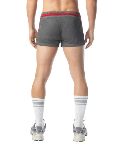 Flex trunk short gray athletic shorts with red elastic waistband and subtle side stripes for active wear