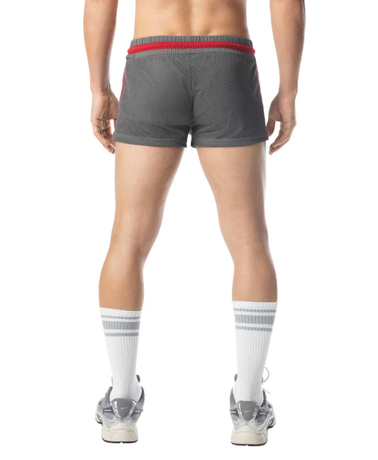 Flex trunk short gray athletic shorts with red elastic waistband and subtle side stripes for active wear