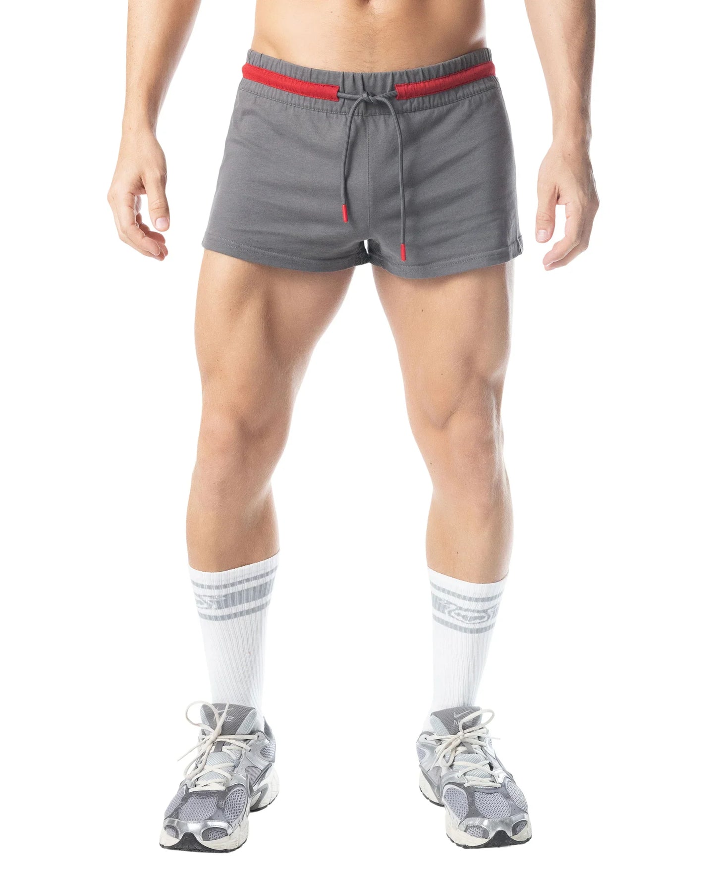 Flex trunk short gray athletic shorts with red elastic waistband and matching drawstring for activewear use