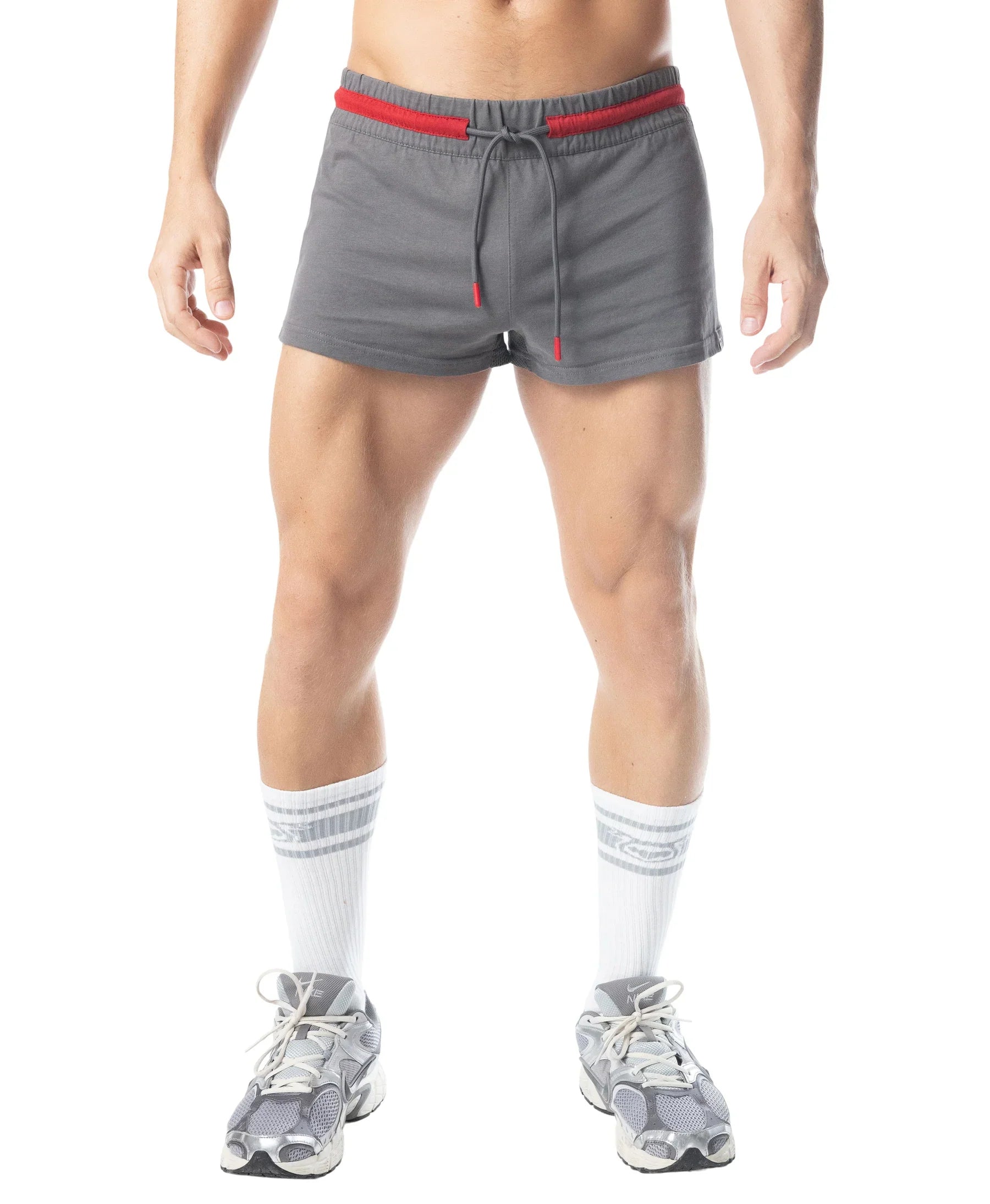 Flex trunk short gray athletic shorts with red elastic waistband and matching drawstring for activewear use