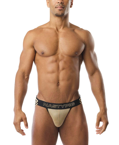 Gold mesh flip it jockstrap briefs with black waistband featuring nastypig branding on front side