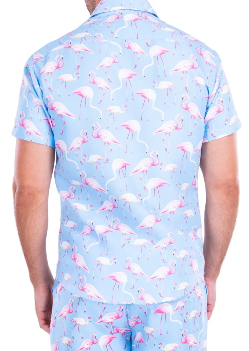 Light blue flocktail hour short-sleeved button-up shirt with playful pink flamingo pattern for casual wear