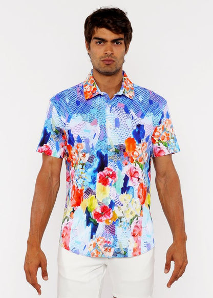 Vibrant floral abstract short-sleeved woven modal shirt in blue red orange and yellow with button-up front