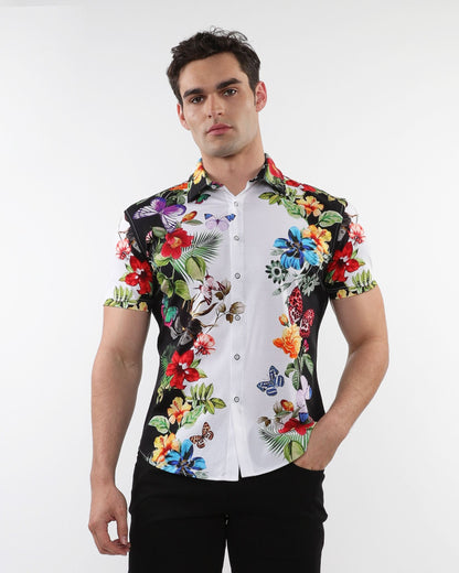 Floral border print stretch knit shirt with vibrant tropical short sleeves bold floral and butterfly motifs on black and white