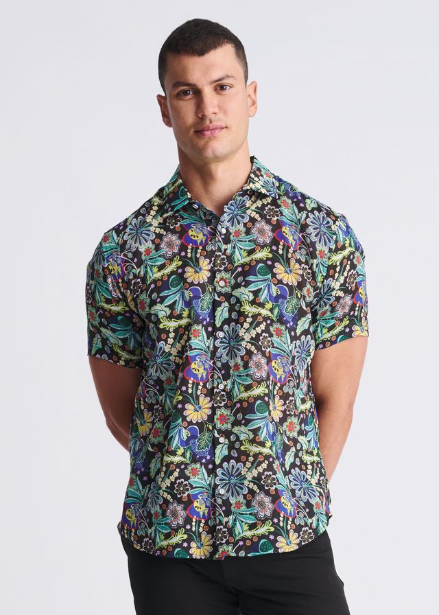 A vibrant floral lightweight linen tencel short-sleeved shirt with multicolored pattern on dark background