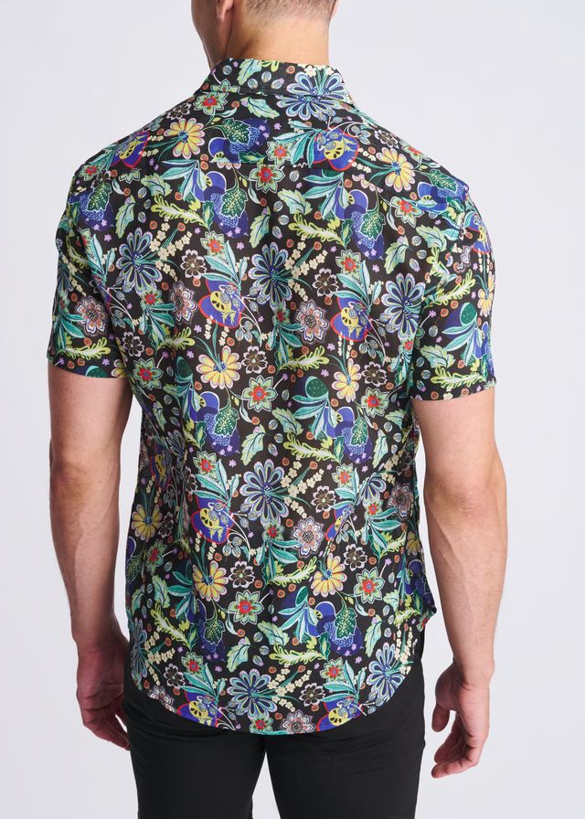 Floral lightweight linen tencel short-sleeved shirt with vibrant blue green yellow and purple floral pattern on black background