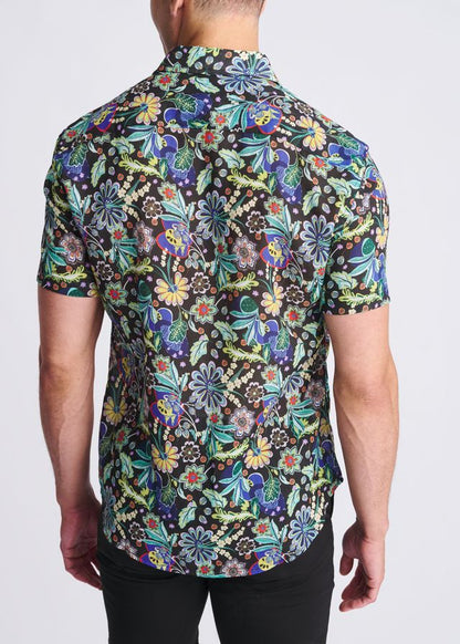 Floral lightweight linen tencel short-sleeved shirt with vibrant blue green yellow and purple floral pattern on black background