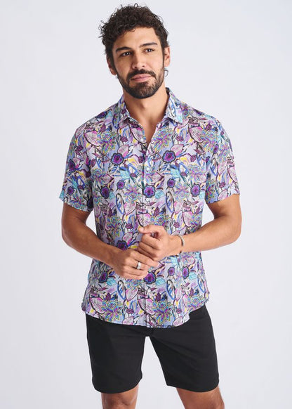 A vibrant purple and blue floral lightweight linen tencel short-sleeved button-up shirt for summer wear