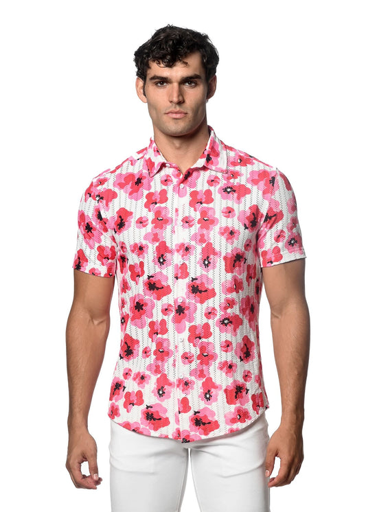 A man wearing a short-sleeved floral print open knit shirt with vibrant pink flowers on a white background