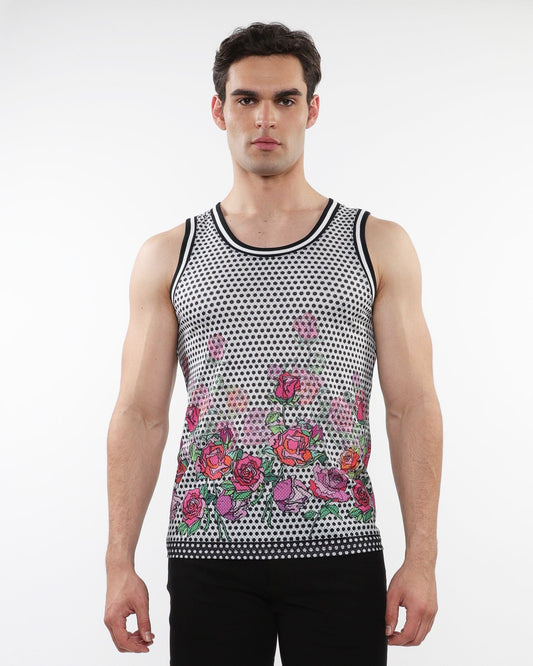 A men’s sleeveless mesh tank top with black and white polka dots and pink red purple floral prints with stripe ribbing