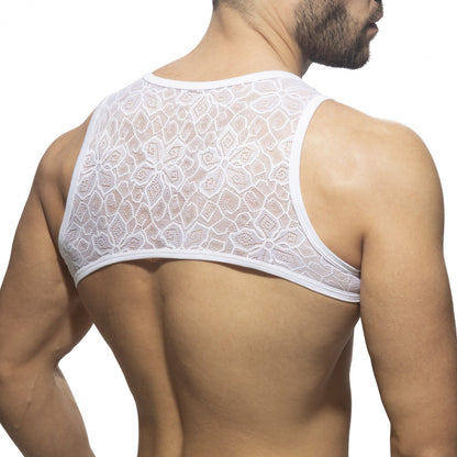 White floral lace harness tank top featuring delicate lace material and floral design for stylish layering