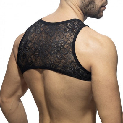 Black lace mesh backless top flowery lace harness with intricate geometric and floral patterns on the back side