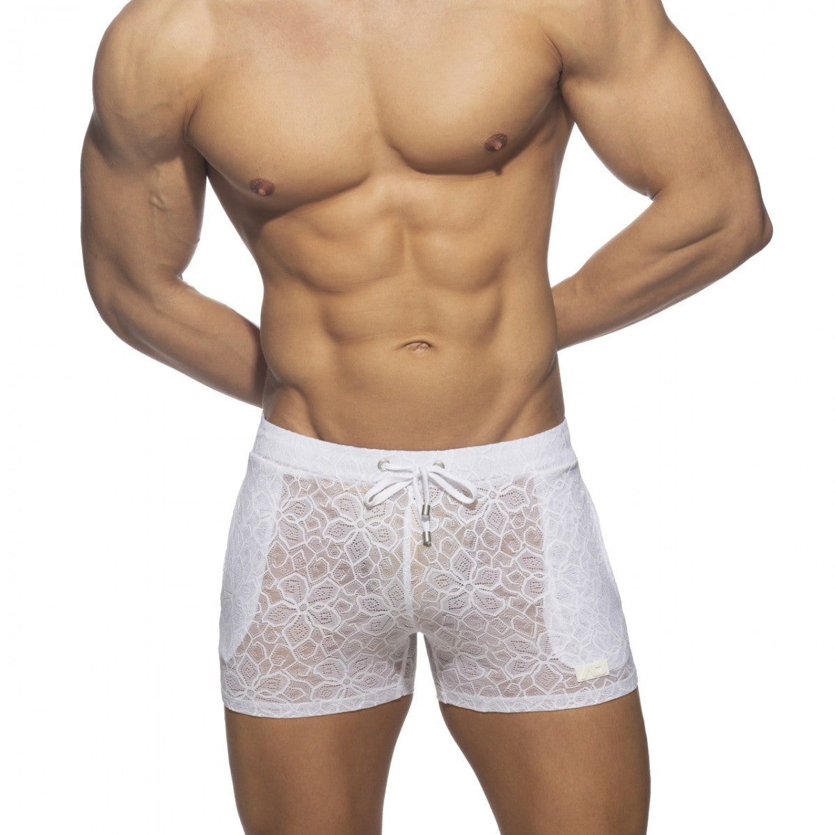 White lace-trimmed men’s briefs with floral pattern and drawstring waistband from flowery lace short collection
