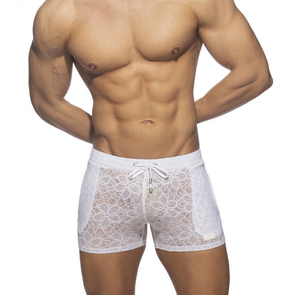 White lace-trimmed men’s briefs with floral pattern and drawstring waistband from flowery lace short collection