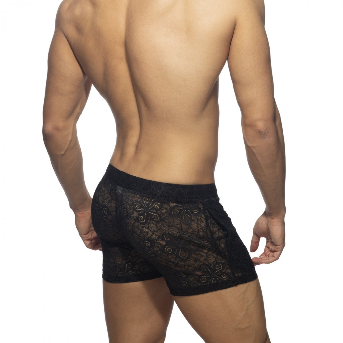 Black lace boxer briefs flowery lace short with intricate geometric pattern and sheer floral design