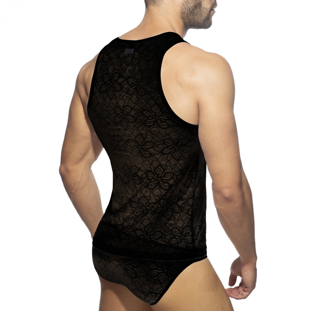 Black lace tank top with intricate floral patterns perfect for elegant and stylish summer wear