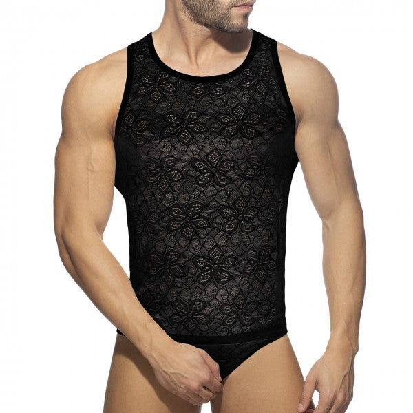 Black lace tank top featuring intricate floral patterns in a flowery lace tank design