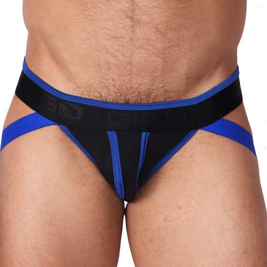 Front view of Gigo Flux blue and black jockstrap featuring soft fabric and branded elastic waistband.