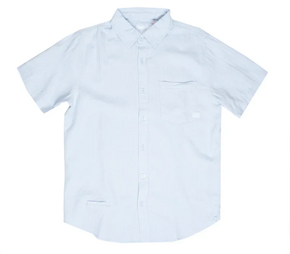 A crisp white fly linen shirt with short sleeves, classic collar, button-up front, and chest pocket