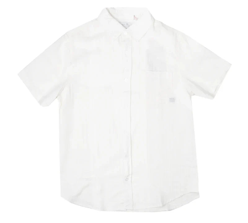 A crisp white fly linen shirt with short sleeves classic collar and subtle texture perfect for warm weather