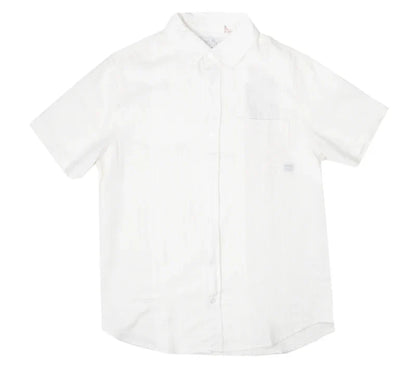 A crisp white fly linen shirt with short sleeves classic collar and subtle texture perfect for warm weather